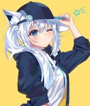  1girl alternate_costume animal_ear_fluff animal_ears aqua_eyes arm_up baseball_cap black_choker black_headwear blue_jacket blush braid choker commentary_request drawstring fox_ears fox_girl from_side hair_between_eyes hair_over_shoulder hand_on_headwear hat high_ponytail highres hololive jacket looking_at_viewer one_eye_closed open_clothes open_jacket puckered_lips shirakami_fubuki shirt side_braid side_ponytail sidelocks signature simple_background solo star_(symbol) syausya_sya virtual_youtuber white_hair white_shirt yellow_background 