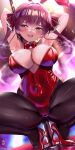  1girl bare_shoulders blush breasts cleavage hair_ribbon heterochromia highres hololive houshou_marine large_breasts long_hair looking_at_viewer mizuno_kurage open_mouth playboy_bunny pole_dancing red_eyes red_hair ribbon smile solo thighhighs twintails virtual_youtuber yellow_eyes 