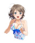  0364p 1girl absurdres blue_eyes bow breasts cleavage highres looking_at_viewer love_live! love_live!_sunshine!! one-piece_swimsuit short_hair simple_background smile solo swimsuit watanabe_you wavy_hair 