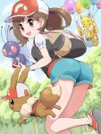  1girl absurdres backpack bag balloon baseball_cap blue_pants brown_eyes brown_hair butterfree day eevee elaine_(pokemon) hat highres holding holding_poke_ball hypno long_hair open_mouth outdoors pants pikachu poke_ball poke_ball_(basic) pokemoa pokemon pokemon_(creature) pokemon_lgpe ponytail shirt short_sleeves shorts smile standing teeth tree upper_teeth_only 