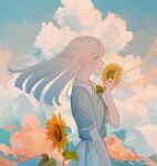  1girl absurdres aqua_eyes aqua_shirt closed_mouth cloud cloudy_sky commentary_request cowboy_shot cumulonimbus_cloud flower grey_hair hand_up highres holding holding_flower ivelovedsekaowa long_hair looking_to_the_side original profile shirt skirt sky solo standing sunflower white_skirt 