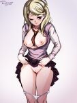  1girl akamatsu_kaede artist_name blonde_hair breasts brown_necktie clothes_lift collarbone danganronpa_(series) danganronpa_v3:_killing_harmony dated gradient_background grey_background grey_shirt groin hair_ornament large_breasts long_hair long_sleeves mina_cream musical_note musical_note_hair_ornament necktie one_eye_closed panties panty_pull pink_sweater_vest pleated_skirt pussy red_skirt shirt simple_background skirt skirt_lift solo sweater_vest underwear white_panties 