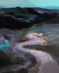  abstract ambiguous_gender beach collapsed commentary day english_commentary faux_traditional_media highres lying mermaid monster_girl ocean on_side original outdoors partially_submerged rock swimming topless water waves yuming_li 