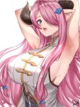  1girl armpits arms_behind_head arms_up artist_name blue_eyes breasts brown_horns commentary curled_horns draph granblue_fantasy hair_ornament hair_over_one_eye highres horns large_breasts long_hair looking_at_viewer mixed-language_commentary narmaya_(granblue_fantasy) pink_hair presenting_armpit shirt solo sweat syyn_(syyndev) upper_body watermark white_shirt 