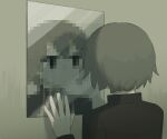  1boy absurdres avogado6 black_eyes black_jacket brown_hair commentary_request different_reflection expressionless facing_away from_behind hand_on_mirror hand_up highres jacket long_sleeves looking_at_mirror male_focus mirror no_mouth original pixelated reflection short_hair solo upper_body 