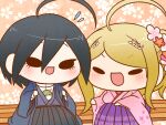  1boy 1girl adapted_costume ahoge akamatsu_kaede alternate_costume black_eyes black_hair black_hakama black_skirt blonde_hair blue_jacket blue_kimono blue_sleeves blush cherry_blossom_background cherry_blossom_print chibi clenched_hands collared_shirt commentary_request danganronpa_(series) danganronpa_v3:_killing_harmony eyelashes floral_background floral_print flower flying_sweatdrops green_bird hair_flower hair_ornament hakama hakama_skirt hand_on_lap haori high_collar huge_ahoge jacket japanese_clothes kimono layered_sleeves long_hair long_sleeves musical_note musical_note_hair_ornament musical_note_print open_clothes open_jacket open_mouth orange_background orange_flower outstretched_hand pale_skin pink_flower pink_kimono pink_sleeves purple_hakama purple_skirt raised_eyebrows saihara_shuichi shirt short_hair short_kimono side_ponytail simple_background sitting_on_bench skirt sleeves_past_wrists smile solid_eyes v-shaped_eyebrows white_shirt yukata yumaru_(marumarumaru) 