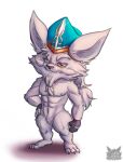 3_toes 4_fingers anthro blind_eye clothing eye_scar facial_scar feet fennephilim_fox fingerless_gloves fingers fur gloves hair hand_on_hip handwear hat hat_only headgear headgear_only headwear headwear_only hi_res kled_(lol) league_of_legends looking_at_viewer male mostly_nude red_eyes riot_games scar solo standing toes white_body white_fur white_hair yordle