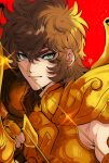  1boy armor arrow_(projectile) bow_(weapon) brown_hair drawing_bow gauntlets gold_armor green_eyes highres holding holding_bow_(weapon) holding_weapon ichigo1046 looking_at_viewer male_focus red_background sagittarius_aioros saint_seiya shoulder_armor signature solo weapon 