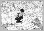  1boy blood blood_on_face border bouquet broken_wall brothers closed_eyes closed_mouth collared_shirt crack cracked_floor day debris destruction eokonuzu facing_ahead floating floating_hair flower from_side gakuran greyscale holding holding_bouquet house injury kageyama_shigeo lamppost long_sleeves male_focus mob_psycho_100 monochrome outdoors pants power_lines profile psychic school_uniform shirt shoes short_hair siblings smile sneakers solo utility_pole 