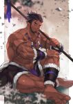  1boy abs anklet armband bara beard black_hair body_hair broad_shoulders chest_hair dark_skin facial_hair fundoshi gauntlets hairy highres japanese_clothes jewelry lance large_pectorals leg_hair long_sideburns male_focus manly muscular muscular_male navel navel_hair necklace nikism one_eye_closed original pectoral_cleavage pectorals pointy_ears polearm sideburns sitting skirt smile solo thick_arms thick_thighs thighs weapon 