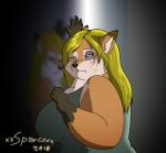 2018 anthro artist_name big_breasts blonde_hair bodily_fluids breasts bruised bruised_eye canid canine clothed clothing crying digital_media_(artwork) female fox fur hair mammal michelle_(xxsparcoxx) mirror multicolored_body multicolored_fur orange_body orange_fur overweight overweight_anthro overweight_female reflection solo tears topwear two_tone_body two_tone_fur wounded xxsparcoxx