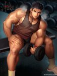  1boy absurdres bara black_hair black_shorts black_tank_top dumbbell exercise highres holding holding_dumbbell large_pectorals male_focus muscular muscular_male open_mouth original pectorals powerlesssong short_hair shorts sitting solo tank_top weibo_username weightlifting 
