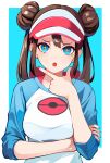  1girl :o blue_eyes blue_shirt brown_hair doughnut_hair_bun hair_bun hand_on_own_chin highres long_hair looking_at_viewer poke_ball_print pokemon pokemon_bw2 raglan_sleeves rosa_(pokemon) shirt solo sparkling_eyes stroking_own_chin tor_(torkrub111) twintails two-tone_shirt upper_body visor_cap white_shirt 