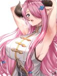  1girl armpits arms_behind_head arms_up artist_name blue_eyes breasts brown_horns commentary curled_horns draph granblue_fantasy hair_ornament hair_over_one_eye heavy_breathing highres horns large_breasts long_hair looking_at_viewer mixed-language_commentary narmaya_(granblue_fantasy) pink_hair presenting_armpit shirt solo sweat syyn_(syyndev) upper_body watermark white_shirt 