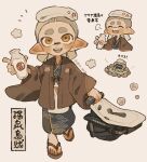  1boy artist_name bloblobber_(splatoon) blush bottle bubble closed_eyes commentary_request grey_hair highres holding holding_bottle holding_weapon inkling_boy inkling_player_character japanese_clothes multiple_views open_mouth p0m4_p0m4 pointy_ears sandals short_hair smile splatoon_(series) splatoon_3 squid teeth tentacle_hair thick_eyebrows toes towel translation_request twitter_username upper_teeth_only weapon white_background yellow_eyes 