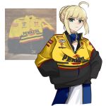  1girl absurdres ahoge artoria_pendragon_(fate) blue_dress chevrolet coca-cola cosplay dress fate_(series) frown green_eyes hair_behind_ear hands_in_pockets highres holeecrab jacket looking_to_the_side nascar pennzoil photo_inset reference_inset saber_(fate) sidelocks steve_park steve_park_(cosplay) v-shaped_eyebrows white_background yellow_jacket 