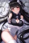  1girl absurdly_long_hair absurdres azur_lane bare_shoulders black_hair breasts china_dress chinese_clothes cleavage cleavage_cutout clothing_cutout covered_navel cutout_above_navel dress elbow_gloves gloves hand_on_own_chest highres kuon_(kuon) large_breasts long_hair official_alternate_costume official_alternate_hairstyle pelvic_curtain petals peter_strasser_(azur_lane) peter_strasser_(lustrous_jade_of_the_golden_house)_(azur_lane) sleeveless sleeveless_dress smile twintails two-tone_dress very_long_hair white_gloves 