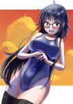  1girl absurdres ahoge black_hair black_thighhighs blue_one-piece_swimsuit breasts charomi cloud competition_swimsuit covered_navel cowboy_shot gero_mitsuki glasses grey_hair highres large_breasts long_hair looking_at_viewer one-piece_swimsuit onsen_musume orange_sky red-framed_eyewear sky solo swimsuit thighhighs two-tone_swimsuit 