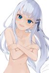  1girl absurdres blue_eyes breasts completely_nude covered_nipples hair_ornament harada_(typeharada) highres idolmaster idolmaster_million_live! long_hair looking_at_viewer nude open_mouth shiraishi_tsumugi simple_background small_breasts solo sweatdrop white_background white_hair 