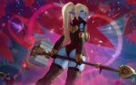  2girls alternate_breast_size alternate_height ass ass_support black_gloves blonde_hair breasts brown_thighhighs garter_straps gloves hammer highres holding holding_hammer holding_staff large_breasts league_of_legends looking_at_viewer looking_back lulu_(league_of_legends) magic multiple_girls panties pix_(league_of_legends) poppy_(league_of_legends) red_headwear red_panties solo_focus staff themaestronoob thighhighs twintails underwear 