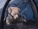 absurd_res aircraft airplane ambiguous_gender anthro battle black_nose canid canine canis clothing cockpit dogfight domestic_dog eyes_closed flying fur glass hi_res jacket mammal propeller seat_belt shooting signature sky solo topwear werewolfdegenerate yellow_body yellow_fur
