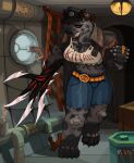 anthro cape clothing coat female fist fur gnoll grey_body grey_fur hi_res hyena jeans_shorts kofomy larger_female mammal muscular muscular_female prototype_(series) raised_arm raised_fist red_eyes scarf sharp_teeth size_difference smile solo teeth topwear