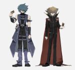  2boys armor belt black_armor black_shirt blue_hair boots brown_hair cape card commentary_request dark_persona hair_between_eyes highres holding holding_card johan_andersen long_sleeves male_focus multicolored_hair multiple_belts multiple_boys open_mouth possessed red_cape scabbard sheath shirt smile supreme_king_(yu-gi-oh!_gx) sword two-tone_hair uincorngear weapon white_background yellow_eyes yu-gi-oh! yu-gi-oh!_gx yuuki_juudai 
