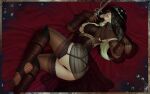  1girl alternate_costume ass bed_sheet black_panties bloodborne boots breasts brooch brown_footwear brown_gloves brown_thighhighs closed_mouth dated eyeball fingerless_gloves garter_straps gloves hand_up hat hat_feather highres holding holding_sword holding_weapon jewelry lady_maria_of_the_astral_clocktower looking_at_viewer lying medium_breasts on_side panties pussy ring see-through signature smile solo sword themaestronoob thighhighs tricorne underwear veil weapon 