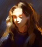  1girl abstract art_study blue_shirt brown_hair closed_eyes closed_mouth commentary english_commentary faux_traditional_media forehead highres light lips long_hair nose original portrait realistic shirt sketch solo sunlight upper_body wavy_hair yuming_li 