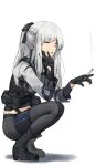  absurdres ak-12_(girls&#039;_frontline) black_gloves boots braid cigarette closed_mouth coteri french_braid full_body girls&#039;_frontline gloves grey_hair hair_ribbon head_rest highres holding holding_cigarette long_hair pants partially_fingerless_gloves ponytail ribbon smoking squatting white_background 