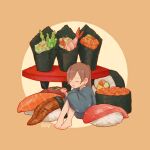  1girl barefoot brown_background brown_hair circle closed_eyes fish_(food) fishdry food food_focus hand_up highres holding holding_food ikura_(food) knees_up long_hair long_sleeves makizushi nigirizushi original oversized_food oversized_object ponytail shrimp sitting sleeves_past_fingers sleeves_past_wrists smile solo sushi temakizushi wasabi wide_sleeves 