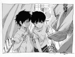  2boys air_conditioner basket blanket border bowl_cut brothers clothes_hanger clothes_pin drying drying_clothes eokonuzu greyscale hands_up holding holding_basket kageyama_ritsu kageyama_shigeo laundry laundry_basket long_sleeves looking_at_another male_focus mob_psycho_100 monochrome multiple_boys print_shirt profile railing shirt short_hair short_sleeves siblings sideways_glance smile star_(symbol) star_print t-shirt towel upper_body wind 