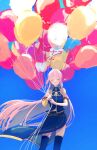  1girl ^_^ balloon black_thighhighs blue_sky closed_eyes detached_sleeves emon_(maguro03_ice) hands_up headset highres holding holding_balloon long_hair long_skirt megurine_luka outdoors pink_hair side_slit simple_background single_detached_sleeve skirt sky smile solo thighhighs too_many_balloons vocaloid 