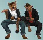 angry anthro bottomwear canid canine canis clothed clothing denim denim_bottomwear denim_clothing domestic_cat domestic_dog duo felid feline felis german_shepherd herding_dog hi_res hoodie jeans male male/male mammal pants pastoral_dog playing_games serialdad skinny topwear videgame