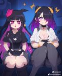  2girls absurdres ass breasts cleavage curvy demon_girl eyelashes gennosaurer828 highres horns huge_ass large_breasts multiple_girls non-web_source original purple_hair sexually_suggestive shirt sky_(gennosaurer828) thick_thighs thighs wide_hips 