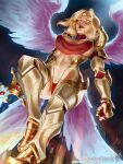  1girl alternate_costume angel_wings armored_boots boots breasts colored_skin covered_nipples full_body gauntlets glowing glowing_eyes grey_wings highres holding holding_sword holding_weapon kayle_(league_of_legends) large_breasts league_of_legends multicolored_background navel panties parted_bangs pink_skin red_lips red_panties solo sword teeth themaestronoob underwear weapon web_address wings yellow_eyes 