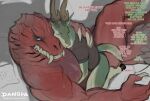 2024 anthro anthro_on_anthro antlers biped capcom claws cuddling dangpa dialogue digital_media_(artwork) english_text fanged_wyvern finger_claws fur green_body green_fur herbivore_(mh) hi_res hooves horn interspecies kelbi larger_male male male/male monster_hunter muscular muscular_anthro muscular_male odogaron predator/prey red_body size_difference smaller_male text white_body white_fur