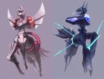  88hsgdk absurdres black_sclera blurry claws colored_sclera commentary_request dialga dialga_(origin) full_body grey_background highres no_humans palkia palkia_(origin) pokemon pokemon_(creature) red_eyes spikes 