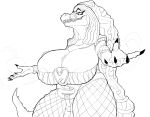 2022 5_fingers absurd_res ammit ammit_(moon_knight) anthro areola areola_slip armlet bandage big_areola big_breasts big_hair biped black_and_white bracelet breasts claws cleavage cleavage_overflow clothed clothed_anthro clothed_female clothing crocodile crocodilian crocodylid curved_eyebrows dark_claws deity digital_drawing_(artwork) digital_media_(artwork) dress egyptian_headdress egyptian_mythology eyebrows eyelashes female finger_claws fingers grin hair hi_res humanoid_hands ineffective_clothing iris jewelry long_hair magic magic_user marvel marvel_cinematic_universe middle_eastern_mythology monochrome moon_knight_(series) motion_lines motion_outline mythology nemes_(clothing) non-mammal_breasts pattern_clothing pattern_dress ponpuramu portrait pupils reptile scalie sharp_teeth sketch smile snout solo spread_arms standing teeth thick_eyebrows thick_eyelashes thick_thighs three-quarter_portrait three-quarter_view uraeus