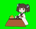  1girl animated animated_gif blinking blunt_bangs brown_eyes brown_hair chibi closed_mouth commentary_request controller expressionless food fruit fruit_bowl full_body game_controller green_background green_screen headgear holding holding_controller holding_game_controller japanese_clothes kimono kotatsu mandarin_orange obi obiage pikumin playing_games sash short_twintails simple_background solo table touhoku_kiritan twintails under_kotatsu under_table voiceroid white_kimono wide_sleeves 