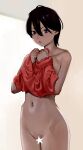  1girl black_hair brown_eyes censored covering covering_breasts expressionless hair_between_eyes hands_up highres inamitsu_shinji lipstick looking_at_viewer makeup navel nude nude_cover original red_lips red_shirt reward_available shirt short_hair solo standing star_censor stomach undressing 