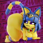 3d_(artwork) :3 absurd_res accessory all_fours animal_crossing ankha_(animal_crossing) anthro ass_up big_breasts big_butt blender_(software) blue_hair bracelet breast_squish breasts butt curvy_figure digital_media_(artwork) domestic_cat felid feline felis female gigantic_ass hair hair_accessory hi_res hieroglyphics huge_butt jewelry jiggling mammal nintendo nude paws purple_eyes short_stack smug solo squish tahlian tail thick_thighs voluptuous wide_hips yellow_body