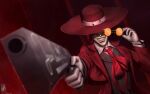  1boy absurdres aiming aiming_at_viewer alucard_(hellsing) brown_vest coat collared_shirt fangs gloves grey_gloves grey_shirt grin gun hellsing highres holding holding_gun holding_weapon red_coat red_hair red_headwear shirt short_hair smile solo sunglasses teeth themaestronoob vest weapon 