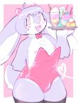 &lt;3 2021 :3 anthro beverage bow_accessory bulge bunny_costume chest_tuft clothed clothing costume countershading dessert digital_drawing_(artwork) digital_media_(artwork) fangs fluffy fluffy_tail food fur hair happy horn ice_cream ineffective_clothing lagomorph legwear leporid lgbt_pride long_ears male mammal multicolored_eyes nipples open_:3 open_mouth pansexual_pride_colors pawberry pink_background pride_colors purple_body purple_fur purple_hair rabbit server simple_background skimpy smile solo straw tail teeth thigh_highs tuft white_background