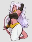  1girl android_21 arm_behind_head armpits bracelet breasts choker cleavage colored_skin dragon_ball dragon_ball_fighterz earrings grey_background hair_between_eyes hoop_earrings jewelry kemachiku long_hair looking_at_viewer majin_android_21 medium_breasts midriff navel pink_skin red_eyes simple_background smile solo tail white_hair yellow_choker 