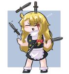  1girl ahoge apron black_footwear black_skirt black_vest blonde_hair blood blood_on_face blue_background blush bow braid closed_eyes commentary_request cookie_(touhou) flying_sweatdrops full_body hair_between_eyes hair_bow highres holding holding_knife juggling kirisame_marisa knife knife_in_head knifed long_hair mary_janes medium_bangs object_through_head open_mouth puffy_short_sleeves puffy_sleeves red_bow shirt shoes short_sleeves side_braid simple_background single_braid skirt skirt_set smile socks solo standing suzu_(cookie) sznkrs touhou turtleneck two-tone_background v-shaped_eyebrows vest waist_apron white_apron white_background white_shirt 