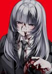  1girl 402_(o0_xxx) :3 black_coat black_necktie blood blood_in_mouth blood_on_clothes blood_on_face blood_on_hands blunt_bangs coat collared_shirt grey_eyes grey_hair half-closed_eyes highres holding light_blush long_eyelashes long_hair long_sleeves looking_at_viewer multicolored_hair necktie organs original red_background shirt sidelocks signature simple_background smile smug solo streaked_hair trench_coat two-tone_hair upper_body white_shirt 