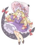  1girl arnest black_footwear blonde_hair bloomers bow dress gap_(touhou) hair_bow hand_fan hat hat_ribbon highres holding holding_fan holding_umbrella long_hair long_sleeves mob_cap open_mouth parasol purple_dress purple_eyes red_bow ribbon touhou umbrella yakumo_yukari 