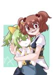  2girls black_sash blue_dress bow closed_eyes closed_mouth collared_shirt commentary_request cookie_(touhou) cowboy_shot daiyousei diyusi_(cookie) dress green_hair hair_between_eyes hair_bobbles hair_bow hair_ornament high-visibility_vest high_ponytail highres hug long_bangs looking_at_viewer multiple_girls obi onozuka_komachi open_mouth pinafore_dress puffy_short_sleeves puffy_sleeves red_eyes red_hair sash scythe shaded_face shirt shishou_(cookie) short_hair short_sleeves sleeveless sleeveless_dress smile sznkrs touhou traffic_baton two_side_up w white_shirt yellow_bow 