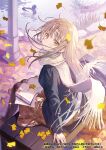  1girl autumn_leaves black_jacket black_pantyhose blurry blurry_foreground brown_footwear brown_hair brown_skirt cover cover_image falling_leaves floating_hair hanekoto highres jacket leaf loafers long_hair long_sleeves looking_at_viewer looking_back novel_illustration official_art otonari_no_tenshi-sama_ni_itsu_no_mani_ka_dame_ningen_ni_sarete_ita_ken outdoors pantyhose parted_lips scarf shiina_mahiru_(otonari_no_tenshi-sama) shoes sitting skirt solo sparkle white_scarf yellow_eyes 